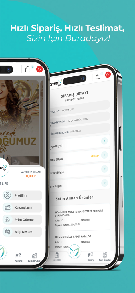Homm Life mobile app interface showing order details and consultant business management dashboard.