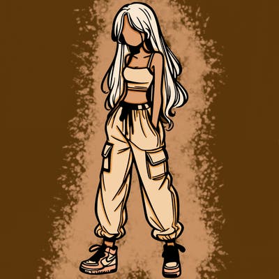 girl in baggy pants crop top and long hair