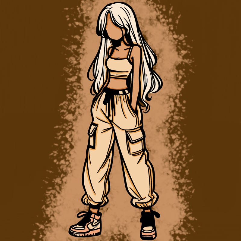 girl in baggy pants crop top and long hair