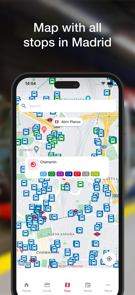 Madrid transport app map with bus and metro stop icons