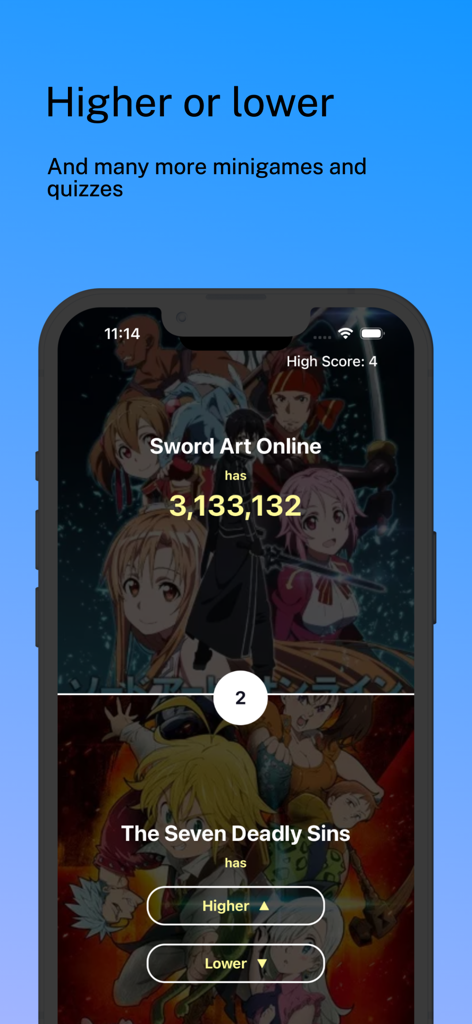 AniQuiz - Guess the Anime - Interfaz de la aplicación móvil AniQuiz que muestra un modo de juego Mayor o Menor comparando Sword Art Online y The Seven Deadly Sins