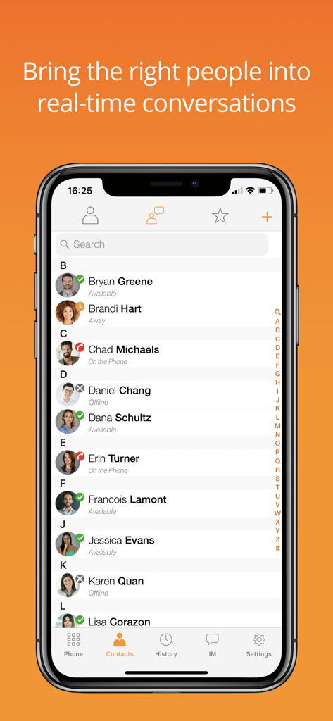 Bria Mobile: VoIP Softphone - Bria Mobile app contacts screen showing colleague availability status and professional profile pictures