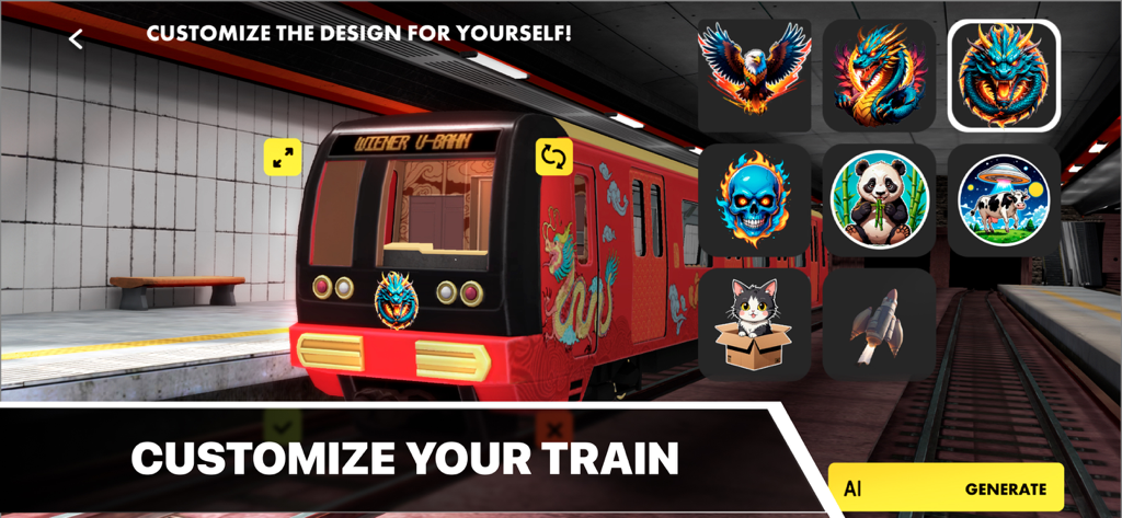 Personaliza tu tren de metro con varias calcomanías y skins en el juego Metro de Viena.