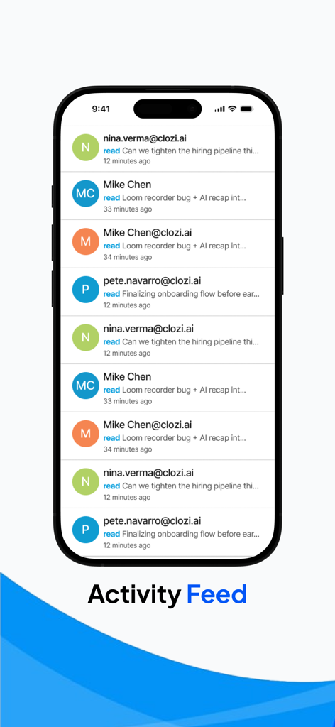 Polymail app interface displaying an activity feed with real-time email read receipts