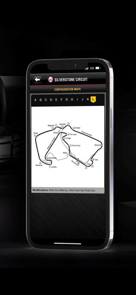 GPGuide - Mappa del layout del circuito di Silverstone con i nomi delle curve sull'app mobile GPGuide