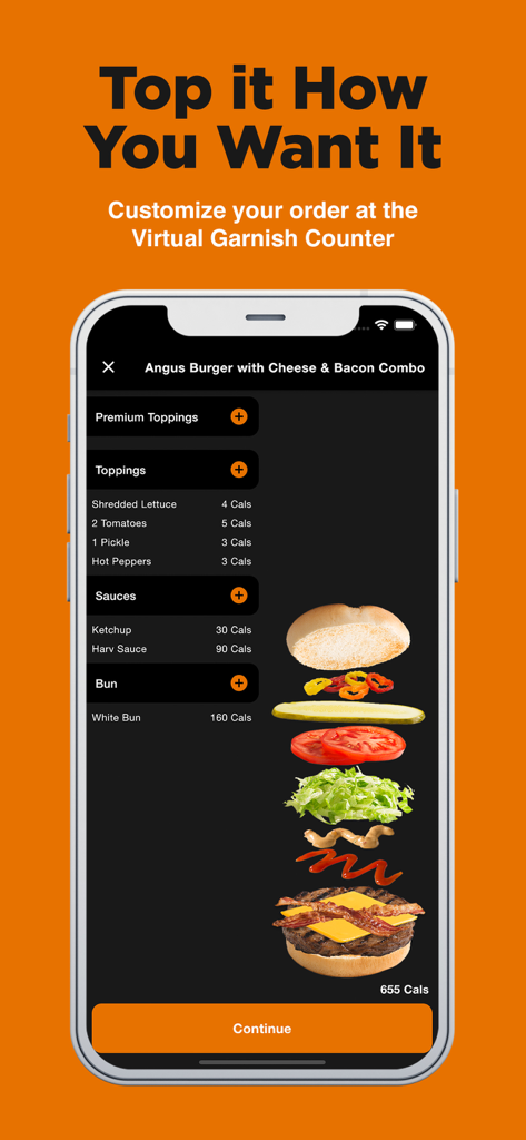 Harvey's - Harveys mobile app screen showing the virtual garnish counter for customizing a burger with various toppings and sauces