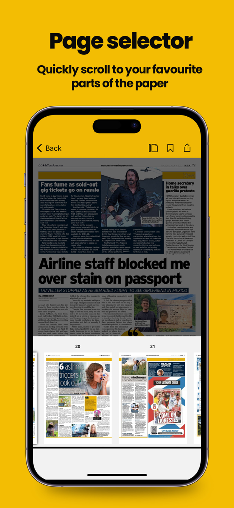 Aplicación Manchester Evening News mostrando la función de selector de página para desplazarse por las páginas del periódico digital