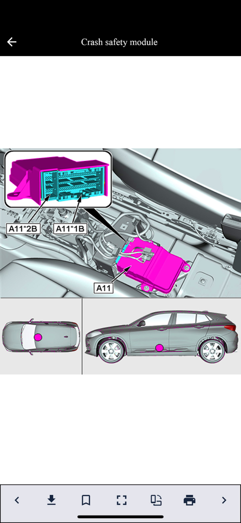 Bimma EWD - Wiring Diagrams - BMW crash safety module location and connector pinout diagram in Bimma EWD app