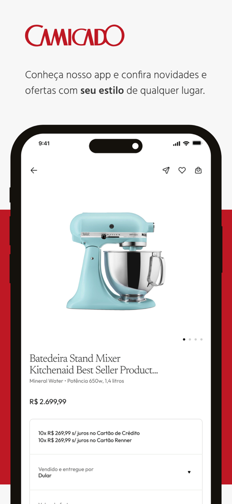 Camicado mobile app product page showing a light blue KitchenAid stand mixer
