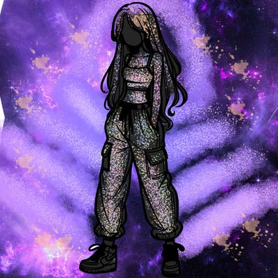 girl in baggy pants crop top and long hair