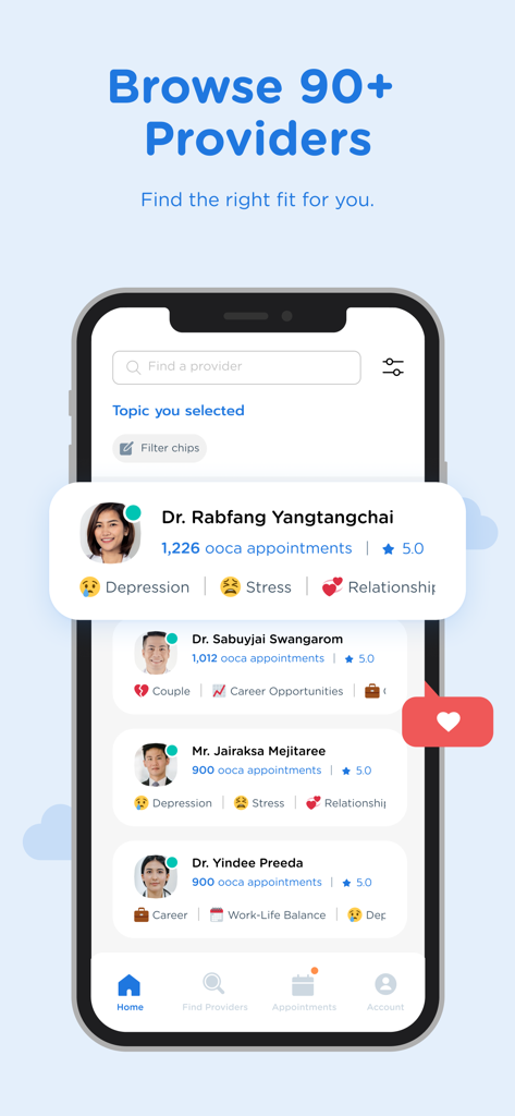 Pantalla de la aplicación Ooca que muestra una lista de profesionales de la salud mental con sus calificaciones y especialidades como depresión y estrés