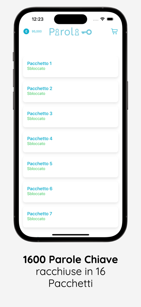 Interfaz de la aplicación Parola Chiave que muestra una lista de paquetes de acertijos de palabras desbloqueados en un iPhone