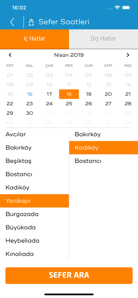 İDO Mobile - IDO Mobile app interface for searching ferry voyage times with calendar and route selection