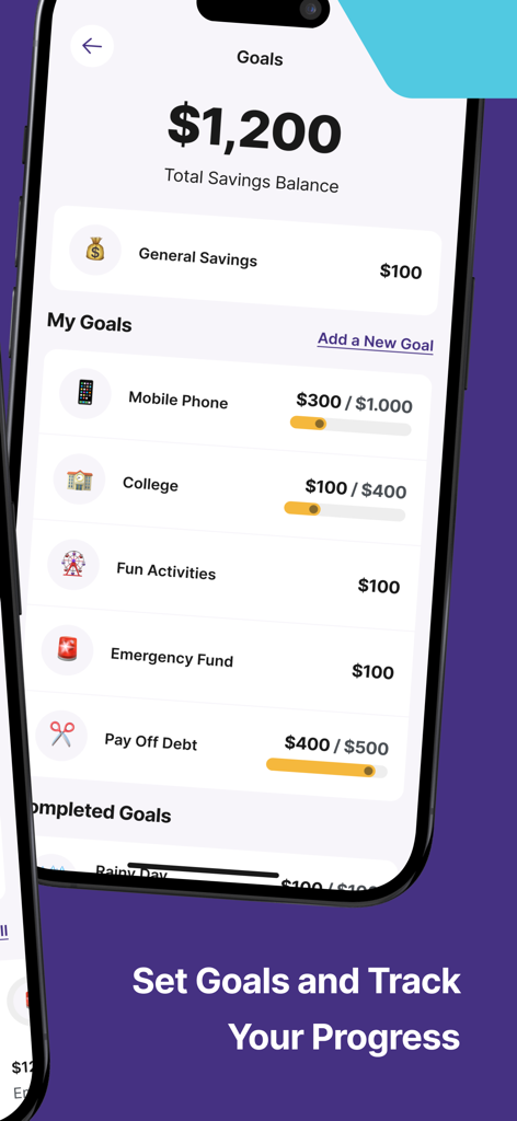 Goalsetter: Invest & Bank - Uma interface móvel para o aplicativo Goalsetter mostrando vários objetivos de poupança como faculdade e telefone celular com barras de progresso.