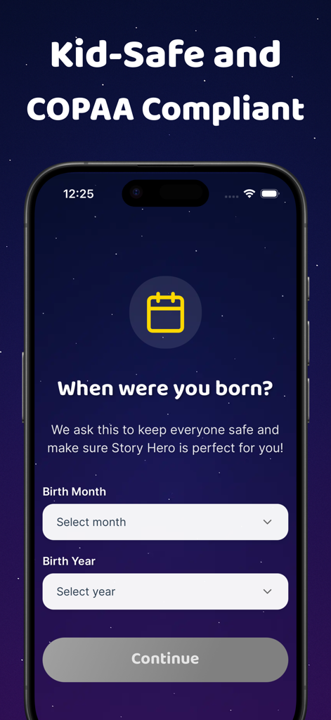 Story Hero: AI Reading App - Story Hero app age verification screen highlighting kid safe and COPPA compliant features for parents