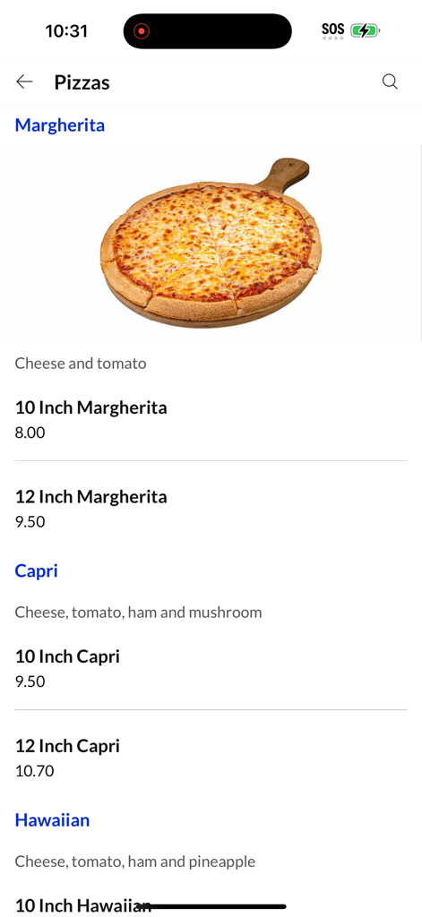 Fryery Haltwhistle. - Pizza menu screen in the Fryery Haltwhistle mobile app showing Margherita and Capri options