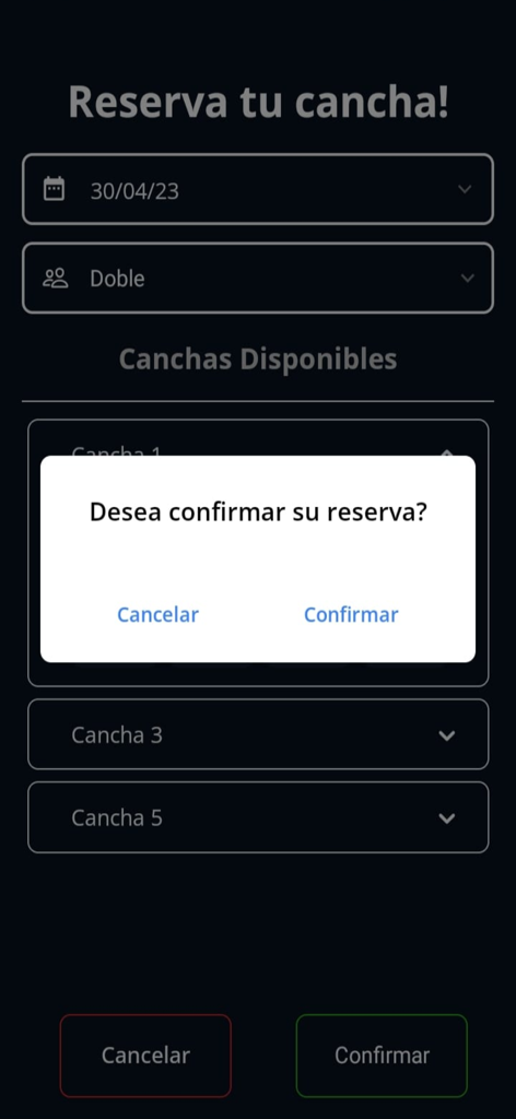 Pantalla de confirmación de reserva de cancha de tenis en la aplicación Ferro Tenis Club