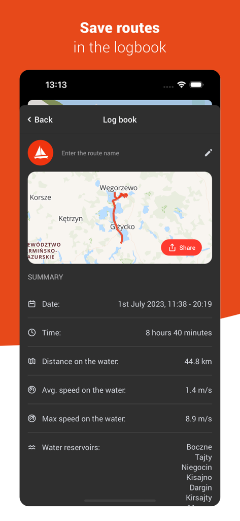 Un resumen de una ruta de navegación en el cuaderno de bitácora de la aplicación Żegluj mostrando coordenadas de mapa y estadísticas de velocidad