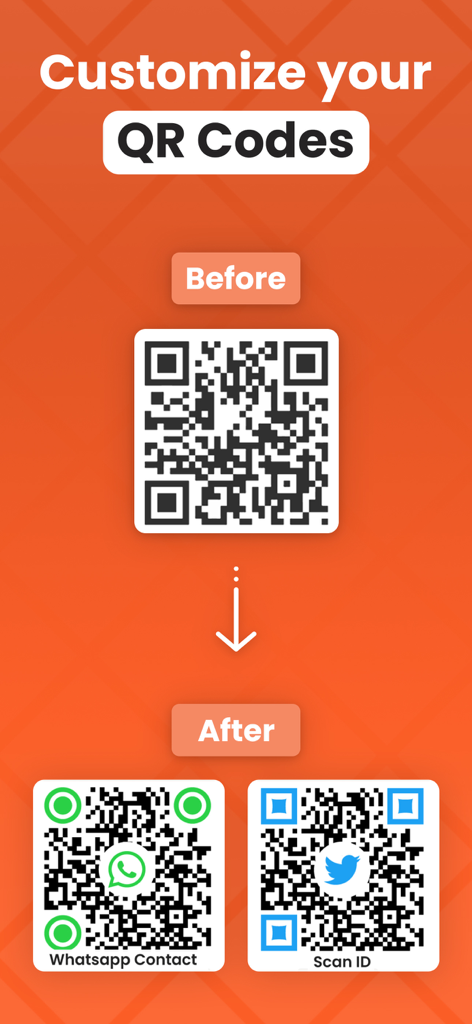 QR Code: Generator & Maker - A visual comparison showing a standard QR code versus customized branded QR codes for WhatsApp and Twitter.