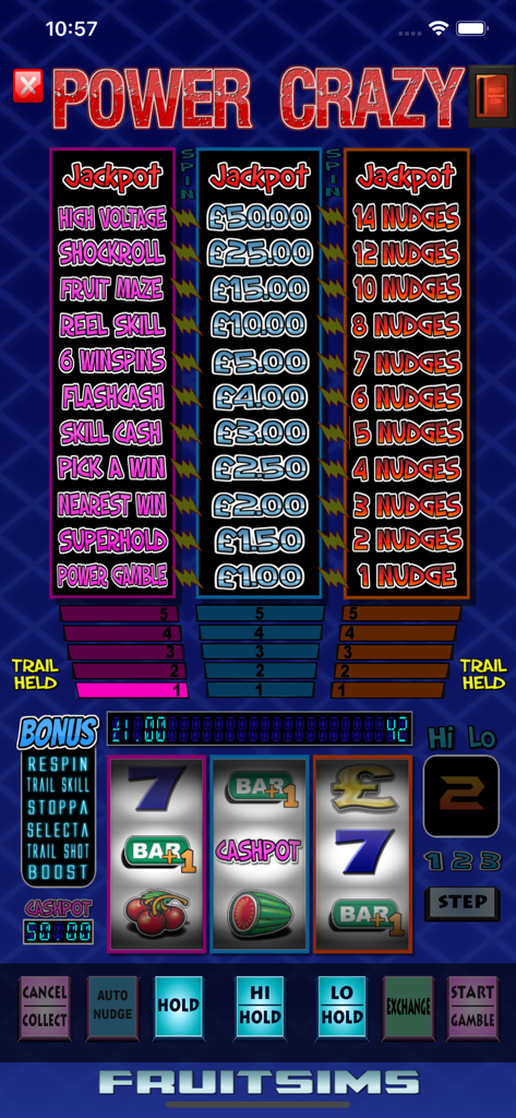 Interfaz de la máquina tragaperras Power Crazy mostrando rodillos y torres de funciones