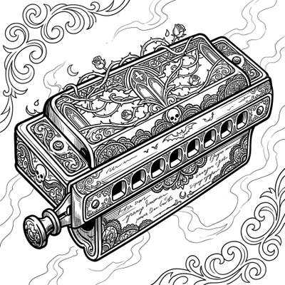 Dive into a world of dark elegance with this unique gothic harmonica coloring page. Its intricate details and mysterious charm promise hours of engaging artistic exploration.
