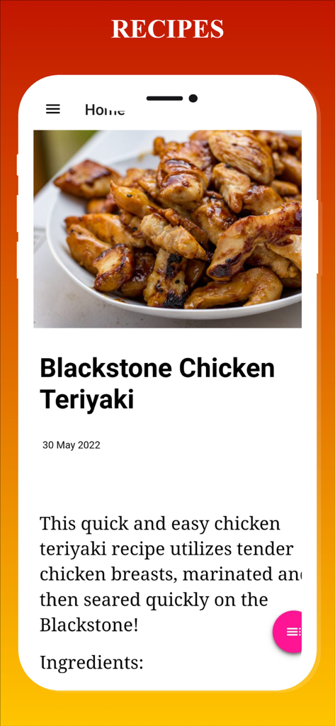 Blackstone Griddle Recipes - Ein mobiler App-Bildschirm, der ein Blackstone Hähnchen Teriyaki Rezept mit einem Foto von gekochten Hähnchenstücken zeigt