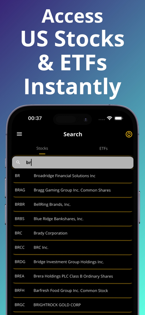 Stock Trading AI : SharePreds - Mobile app interface showing a search for US stocks and ETFs in the SharePreds app