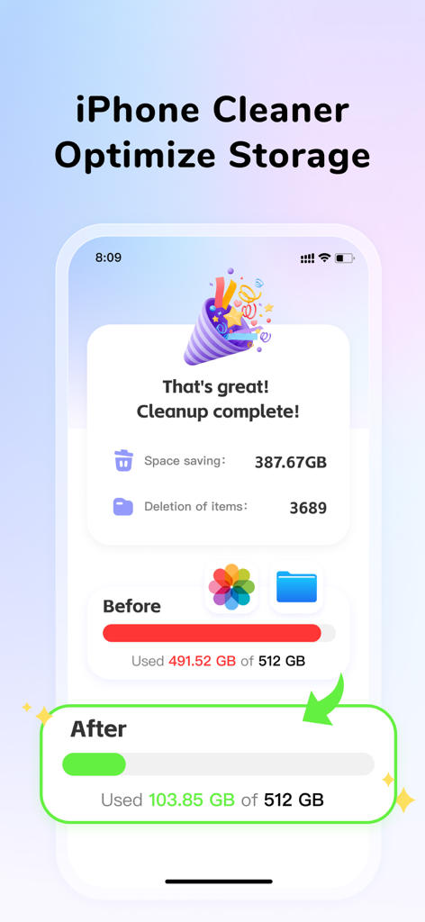 CleanEasy: Memory Manage - Smartphone screen showing a successful storage cleanup summary with before and after storage usage bars