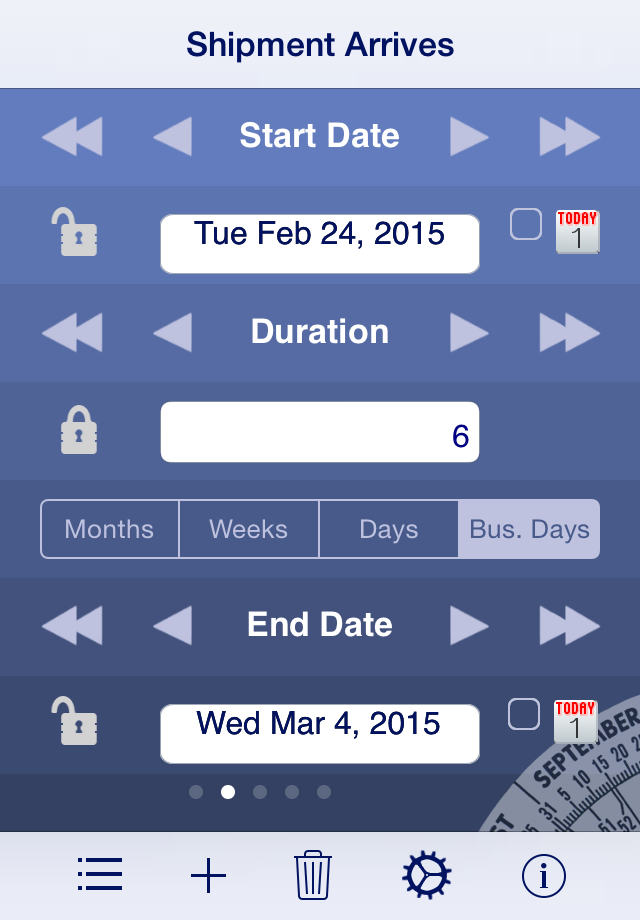 Date Wheel date calculator - Date Wheel app interface calculating shipping time in business days between two dates.