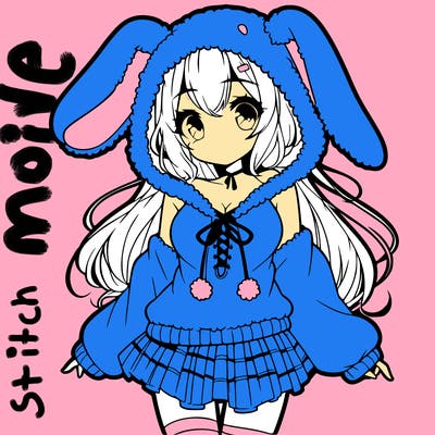 pretty anime girl wearing a fluffy hoodie with bunny ears on the hood and a skirt