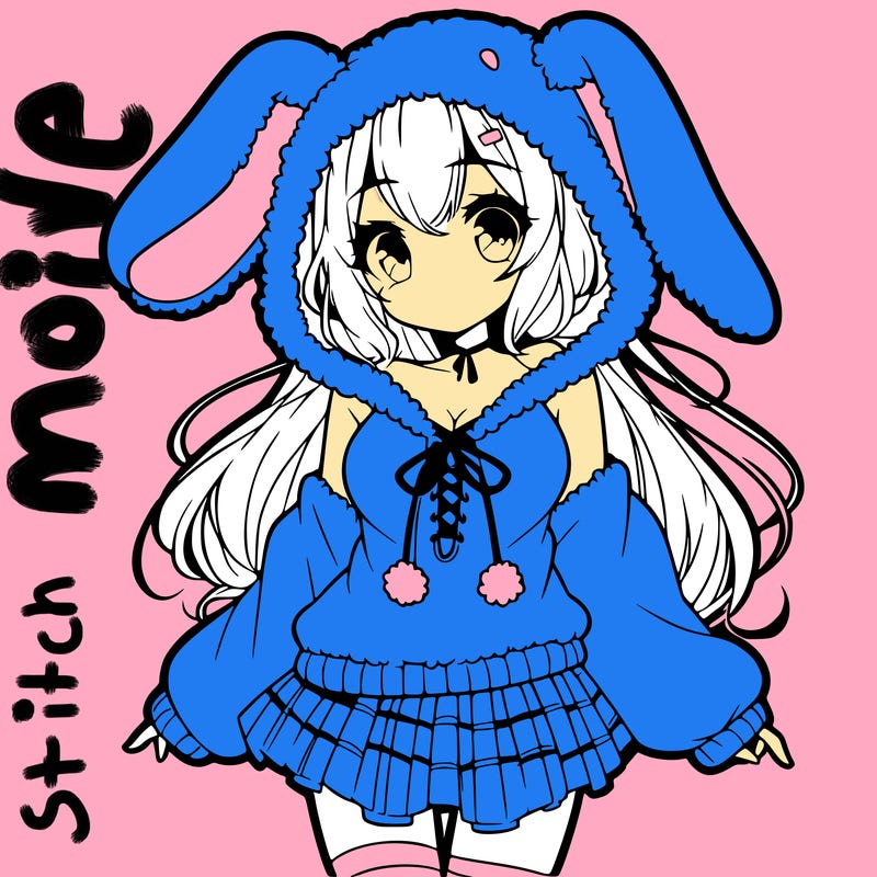 pretty anime girl wearing a fluffy hoodie with bunny ears on the hood and a skirt