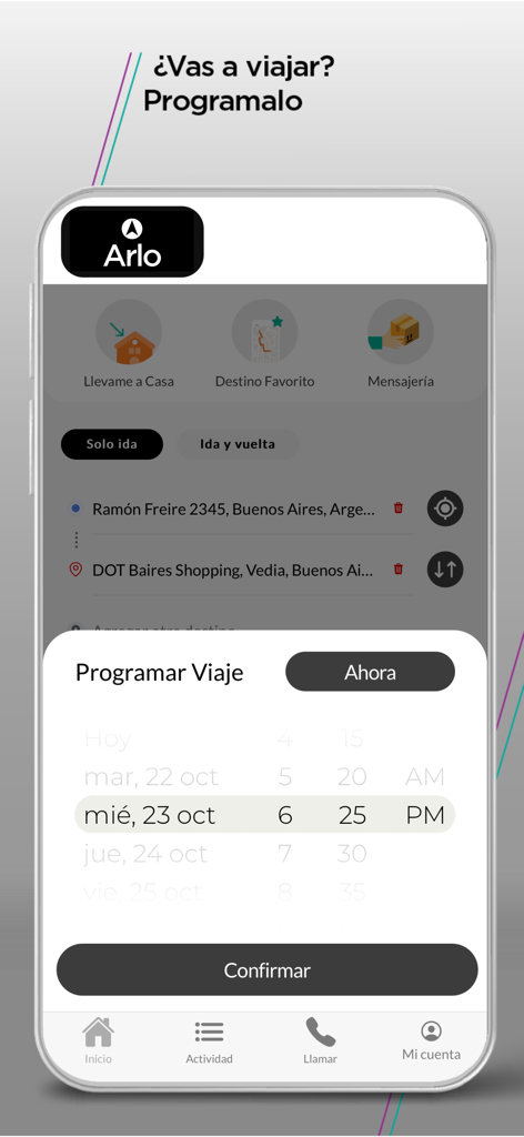 Arlo - Interface do aplicativo Arlo para agendar uma corrida com motorista profissional