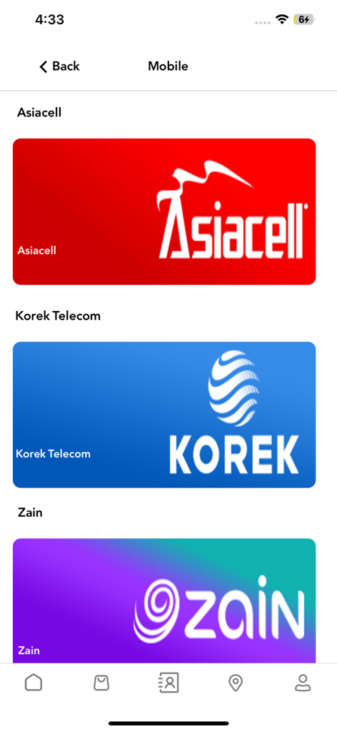 Asse Online - Interface of the Asse Online app displaying mobile recharge vouchers for carriers Asiacell, Korek Telecom, and Zain.