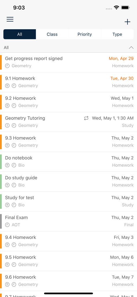 Una lista de tareas escolares y fechas de entrega en la app myHomework Student Planner