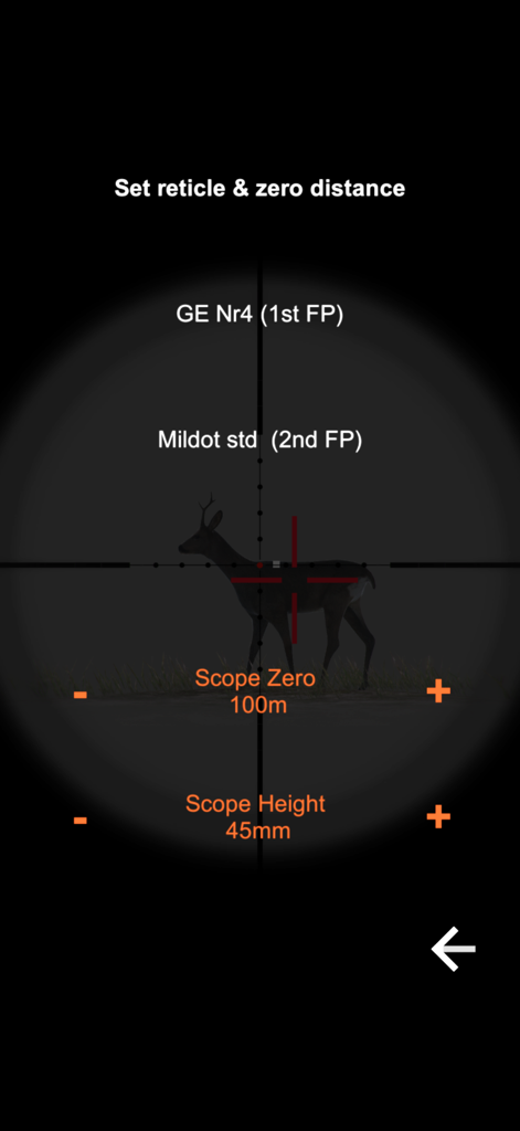 NorneHunt - Interfaz de la aplicación NorneHunt para configurar la mira del rifle y la distancia de cero con un modelo 3D de ciervo