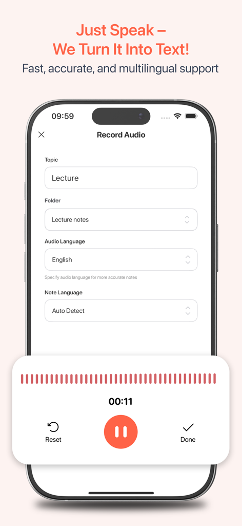 SuperLearn Note Taker &Quizlet - Interface of the SuperLearn app showing an active audio recording for transcribing a lecture into text.