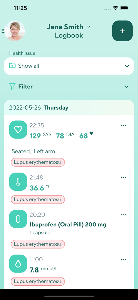 Medrec:M - MedrecM health logbook showing vital signs and medication tracking