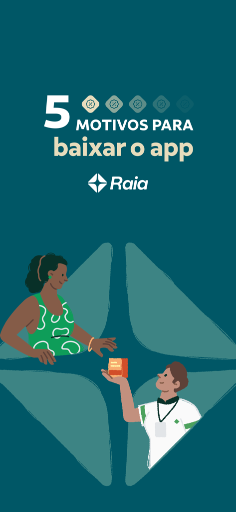 Raia - Farmácia 24 horas - Marketing screen for Raia pharmacy app showing five reasons to download with an illustration of a product delivery.