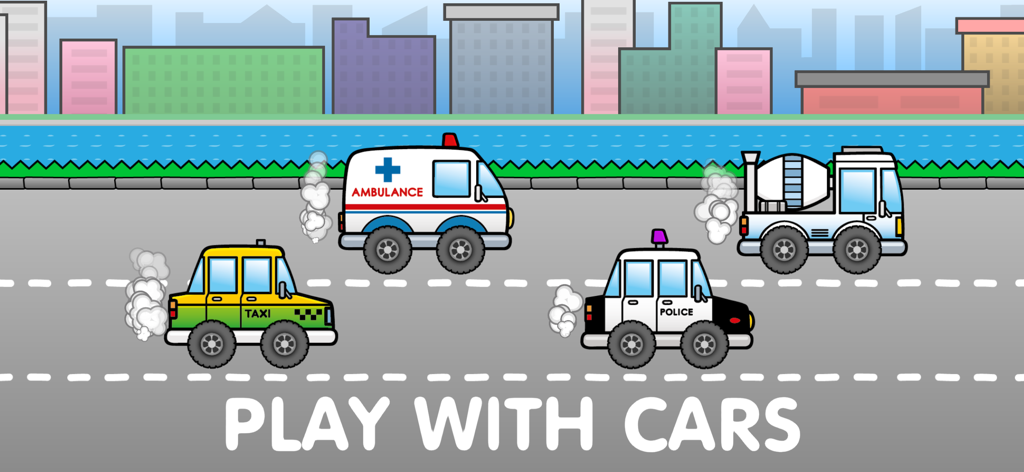 Baby learning games for kids - Coches de dibujos animados, incluyendo una ambulancia taxi y un coche de policía conduciendo por una carretera de la ciudad
