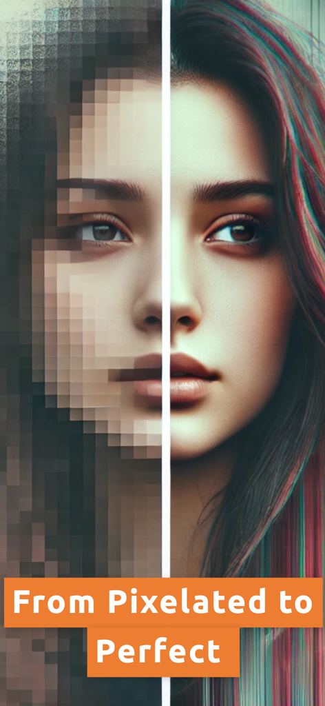 ピクセル化された顔が高解像度の鮮明さに復元された、修正前と修正後の分割画面。テキスト「ピクセル化から完璧へ」と表示。