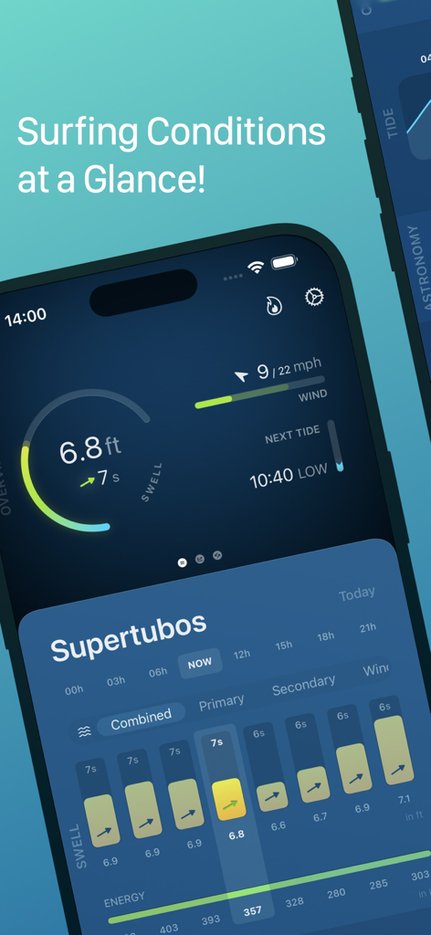 Interfaccia dell'app di previsioni surf EPIC che mostra dati in tempo reale su onde, vento e maree per i surfisti