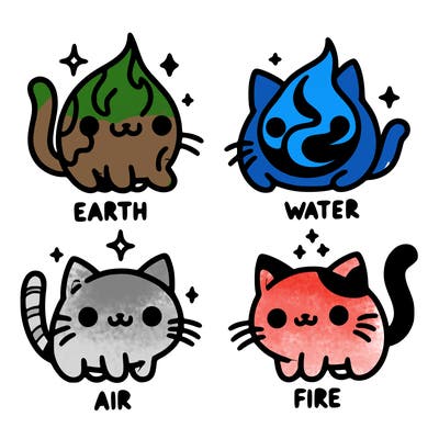 4 cats that represent the different elements, earth, water, air, and fire