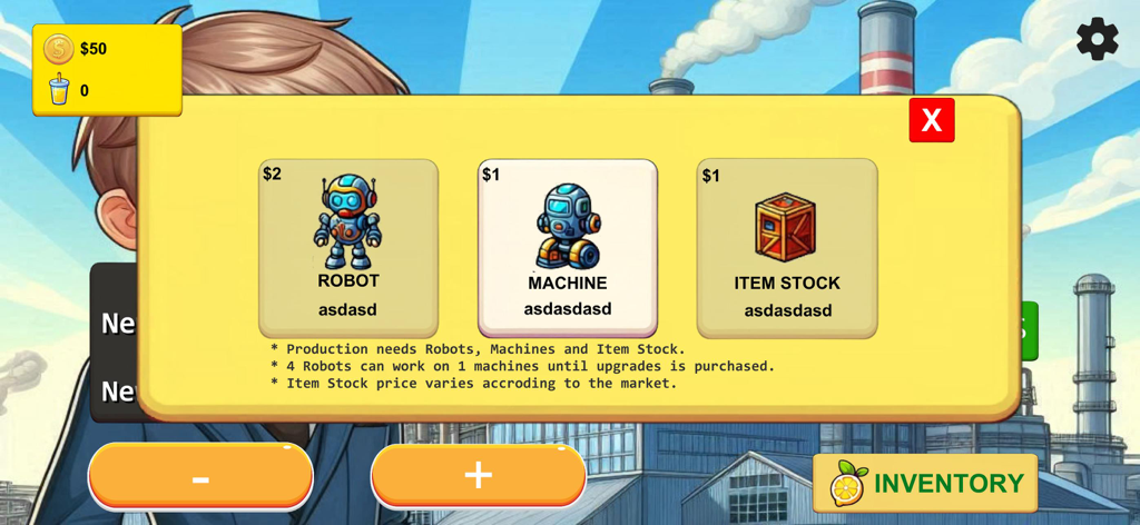 Lemonade Business Tycoon - In-game menu in Lemonade Business Tycoon showing options to buy robots, machines, and item stock for production automation.