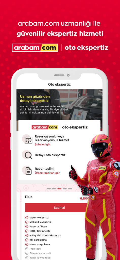arabam.com - Tela de smartphone exibindo o serviço de inspeção e avaliação de automóveis do arabam.com com um mascote de corrida em um fundo vermelho.
