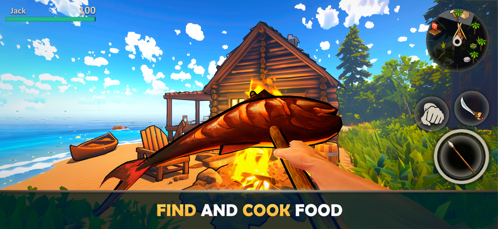 Survival Island: EVO 2 Game - Un jugador cocinando pescado sobre una fogata junto a una cabaña de madera en una isla tropical