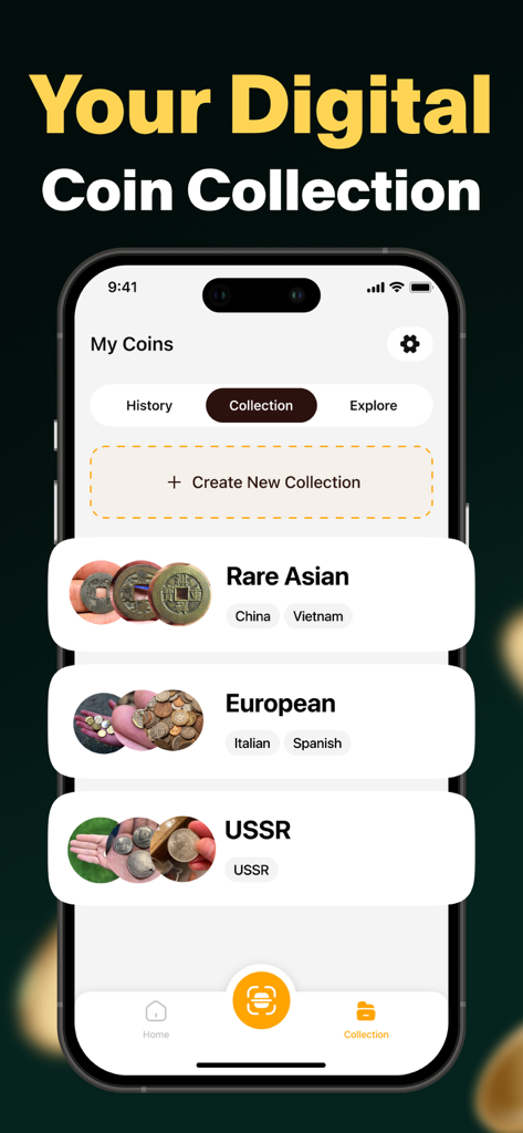 Coin ID Scan: Value Identifier - Interface of the Coin ID Scan app showing digital coin collections categorized by region including Rare Asian, European, and USSR