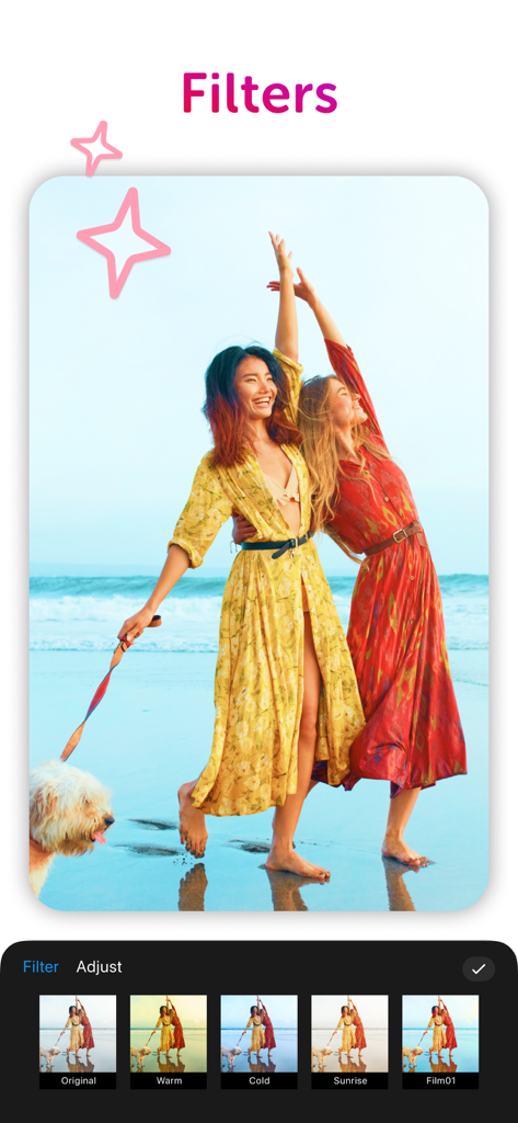 Collage Maker: CollagePlus - Screenshot of CollagePlus app showing various photo filter options like warm and cold for a beach picture