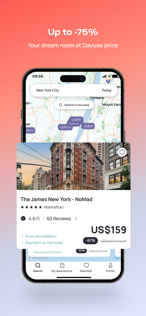 Dayuse.com - Interface de l'application Dayuse montrant une chambre d'hôtel de luxe à prix réduit à New York avec recherche sur carte et détails de prix