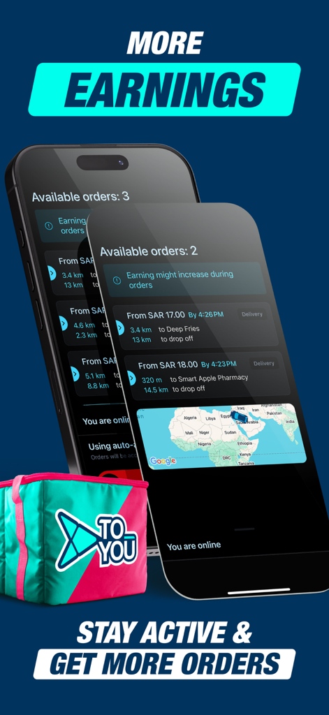 ToYou: Rep - Aplicativo ToYou Rep mostrando pedidos de entrega disponíveis e oportunidades de ganhos