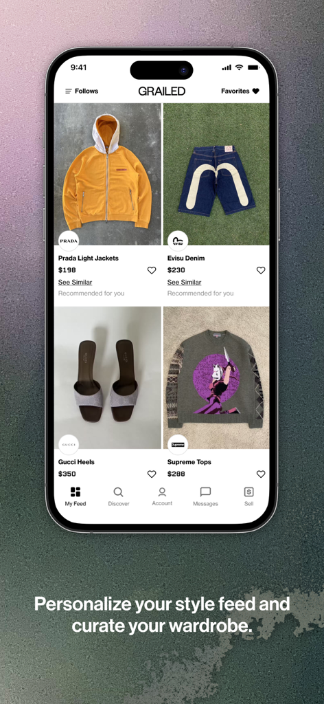 Grailed – Buy & Sell Fashion - Smartphone screen showing the Grailed app with a personalized feed of luxury and streetwear items like Prada and Supreme.